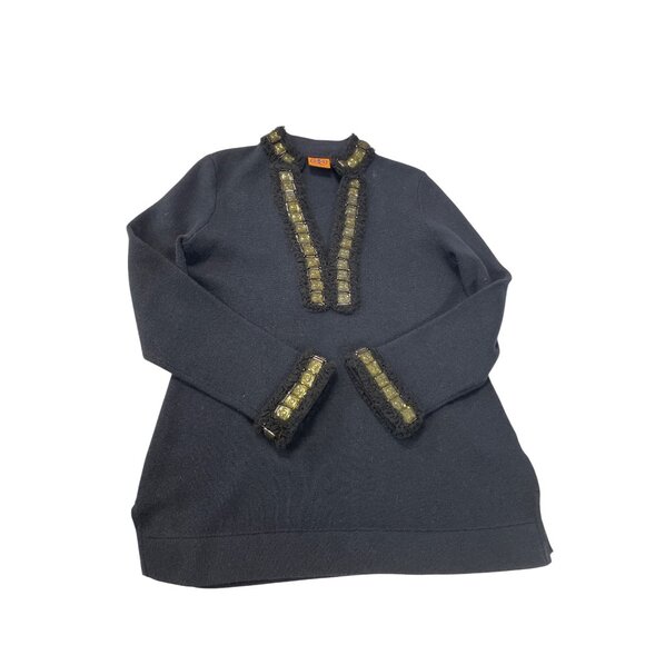 Tory Burch womans Charcoal Gray blue undertones black wool cashmere embelished S - Picture 9 of 13